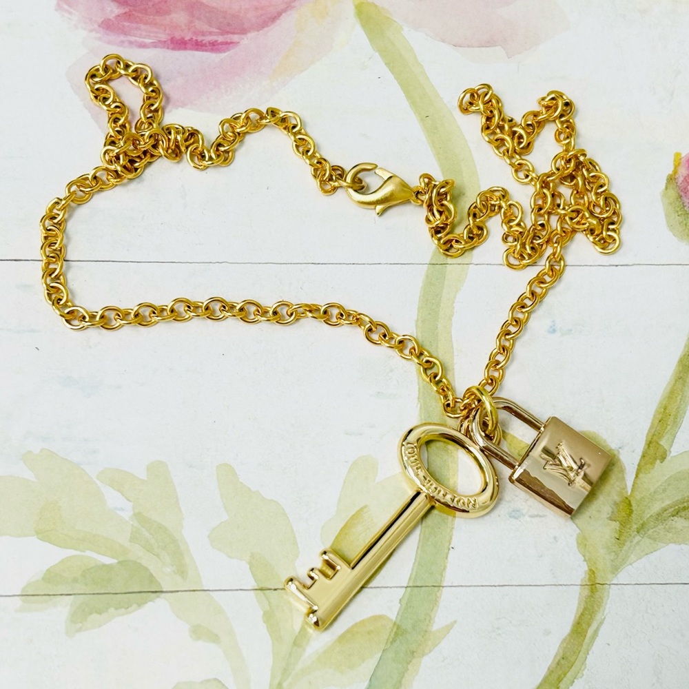 Repurposed Gold LV Key and Lock Charm 10K Gold Plated Necklace - Picture 2 of 3